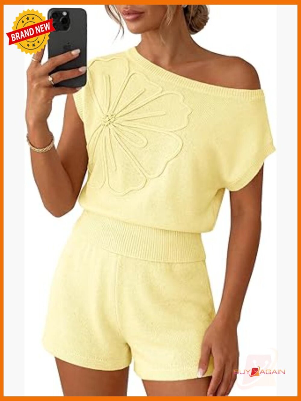 Off Shoulder 2 Piece Sweater Shorts Set Floral Summer Lounge